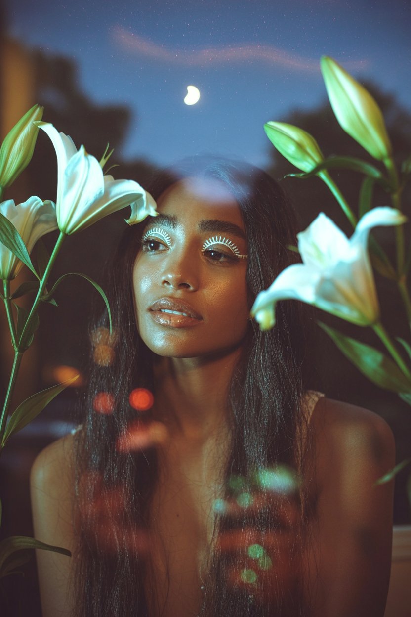 Woman with soft smoky eyes and silver shimmer accents gazing moonward beside white lilies at night, capturing Hekate's lunar goddess energy and ethereal moonlit mystery for the silver shadow makeup look.