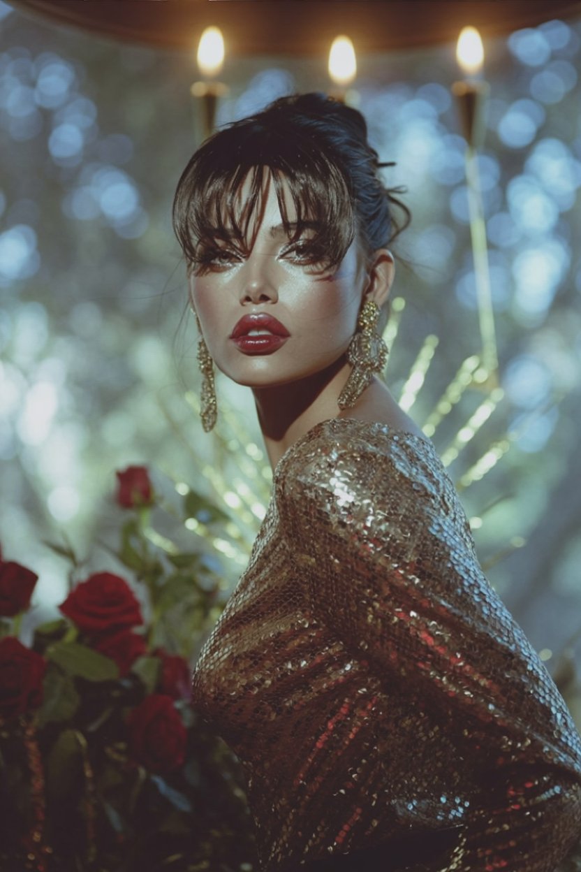 Woman in shimmering bronze gown with bold red lipstick and gold jewelry preparing for night out with three candles and red roses nearby, embodying Hekate's versatile crossroads energy and glamorous day-to-night transformation power.