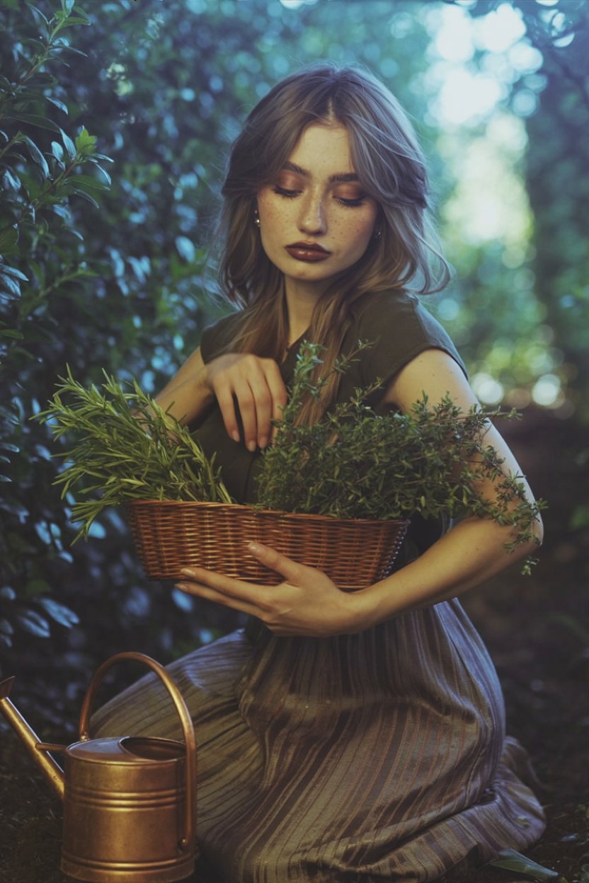 Woman in olive green dress with forest green and bronze eyeshadow gathering herbs in garden beside copper watering can, representing Hekate's connection to earth magic and botanical knowledge for the earthy green shadow look.