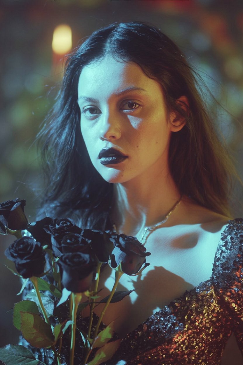 Woman in bronze sequined top with bold matte black lipstick holding black roses beside candlelight, embodying Hekate's underworld queen energy and gothic powerful presence for the black lip look.