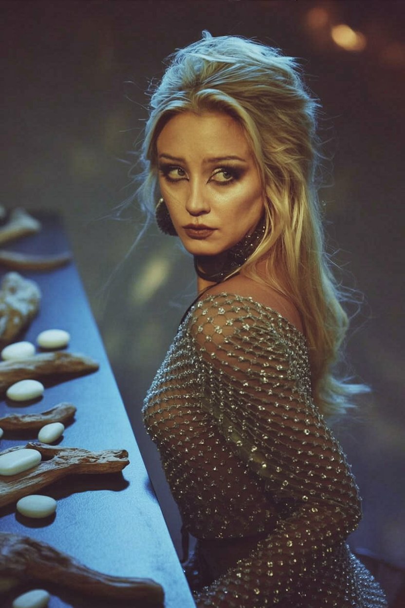 Woman in silver beaded gown with sharp dramatic contouring and defined bone structure preparing for evening event, representing Hekate's dominating powerful presence for the contoured structured makeup look.