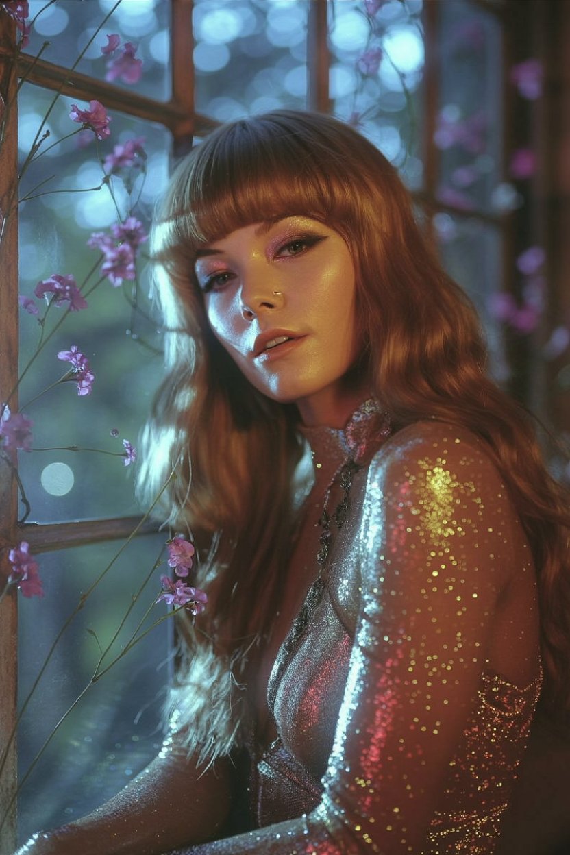 Woman in metallic gold sequined dress with purple glitter over black shadow eyeshadow near cherry blossoms at twilight, capturing Hekate's starry night magic and dimensional sparkle for the glitter makeup look.