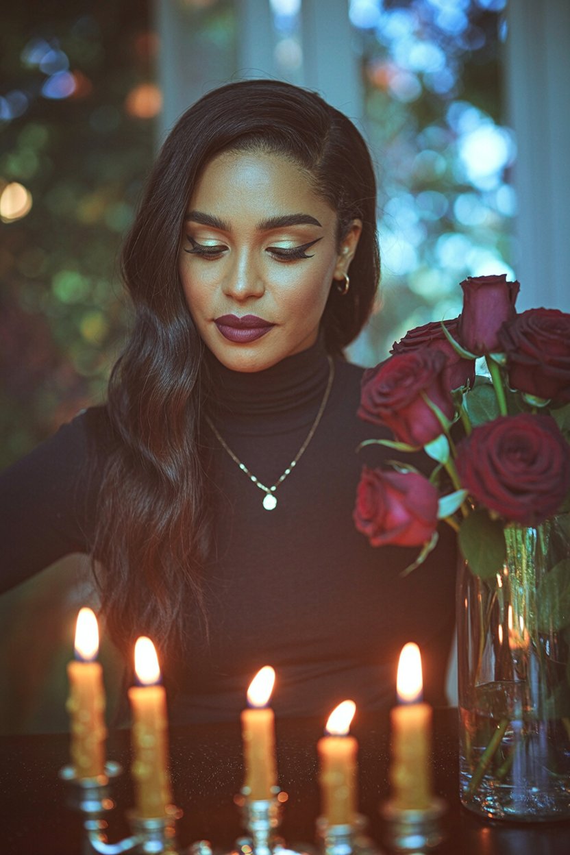 Woman in black turtleneck with deep burgundy lipstick and winged eyeliner lighting candles beside red roses, demonstrating Hekate's torchbearer energy through fire and dramatic burgundy tones for the first makeup look.