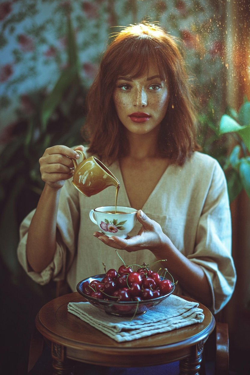 Woman with luminous highlighted skin and cherry red lipstick pouring tea beside fresh cherries, embodying Hekate's connection to life force and golden torchlight for the supernatural glow makeup look.