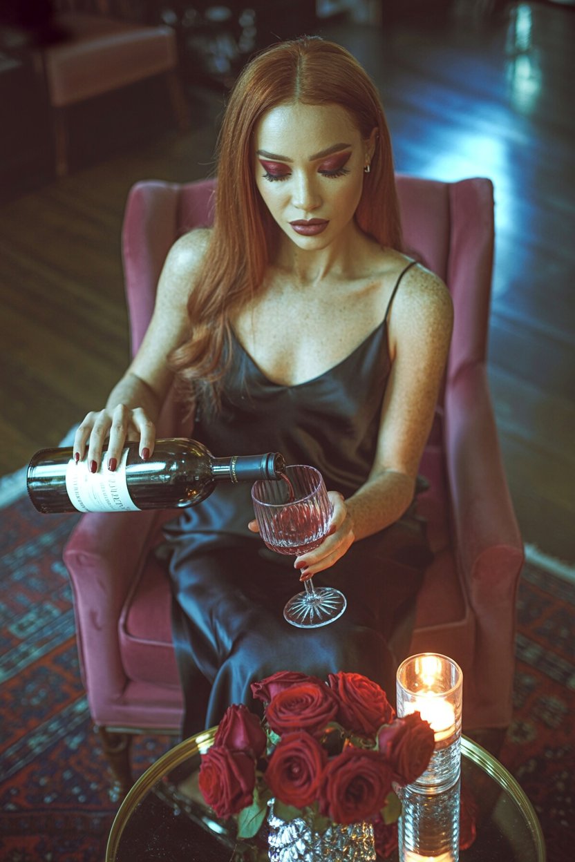 Woman in black silk dress with rich burgundy smoky eyeshadow pouring red wine beside deep red roses and candlelight, embodying Hekate's elegant witchy energy and mysterious nighttime power for the burgundy eye look.