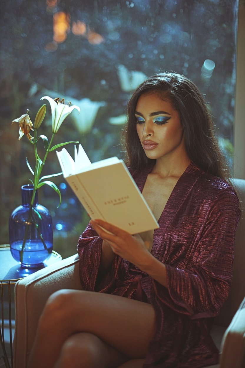 Woman in burgundy velvet robe with dark smoky eye and electric blue inner corners reading at dusk beside blue glass and white lilies, embodying Hekate's connection to spirits and otherworldly nighttime energy.