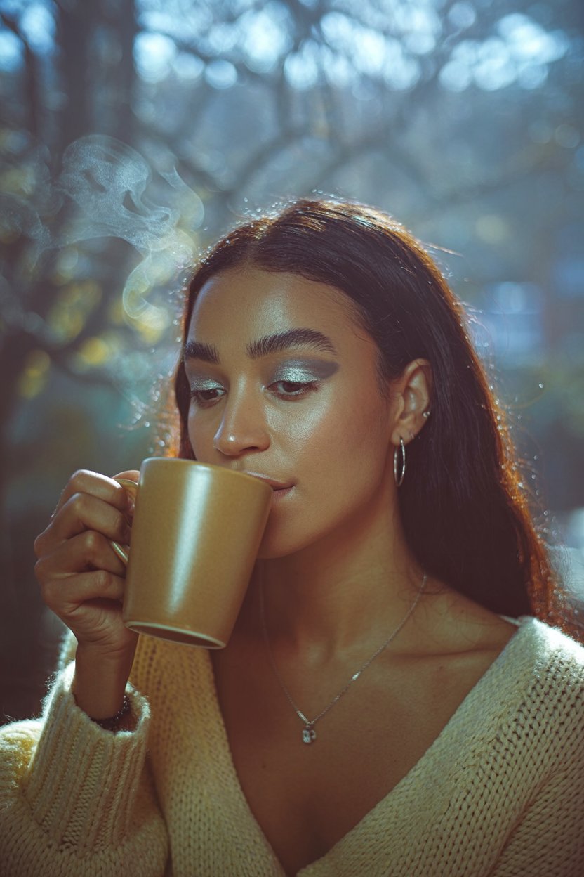 Woman in cream sweater with shimmery gray and silver smoky eye makeup drinking coffee as steam rises around her, representing Hekate's ethereal moonlit mystery and soft lunar energy for the silver-accented smoky eye look.