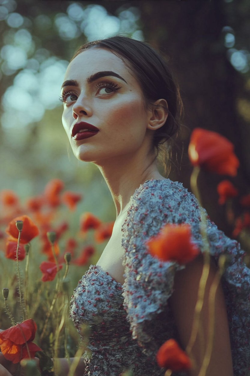 Woman in gray-blue gown with porcelain skin, bold defined brows, and blue-red lipstick gazing contemplatively among red poppies at intersection, representing Hekate's crossroads energy and moment of powerful choice.