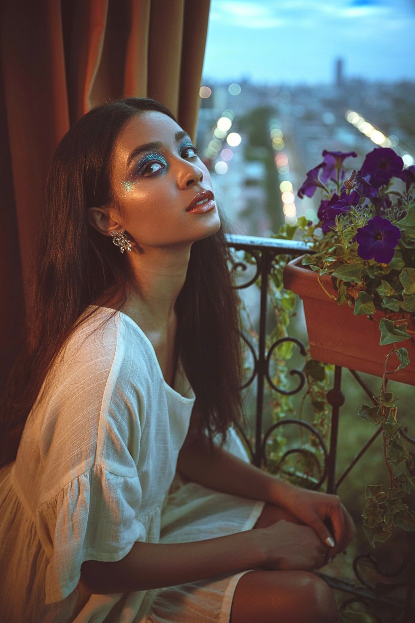 Woman in white dress with matte black and purple glitter eyeshadow gazing at stars from balcony beside purple flowers, representing Hekate's nighttime realm with sparkling underworld stars for the glittery night sky look.