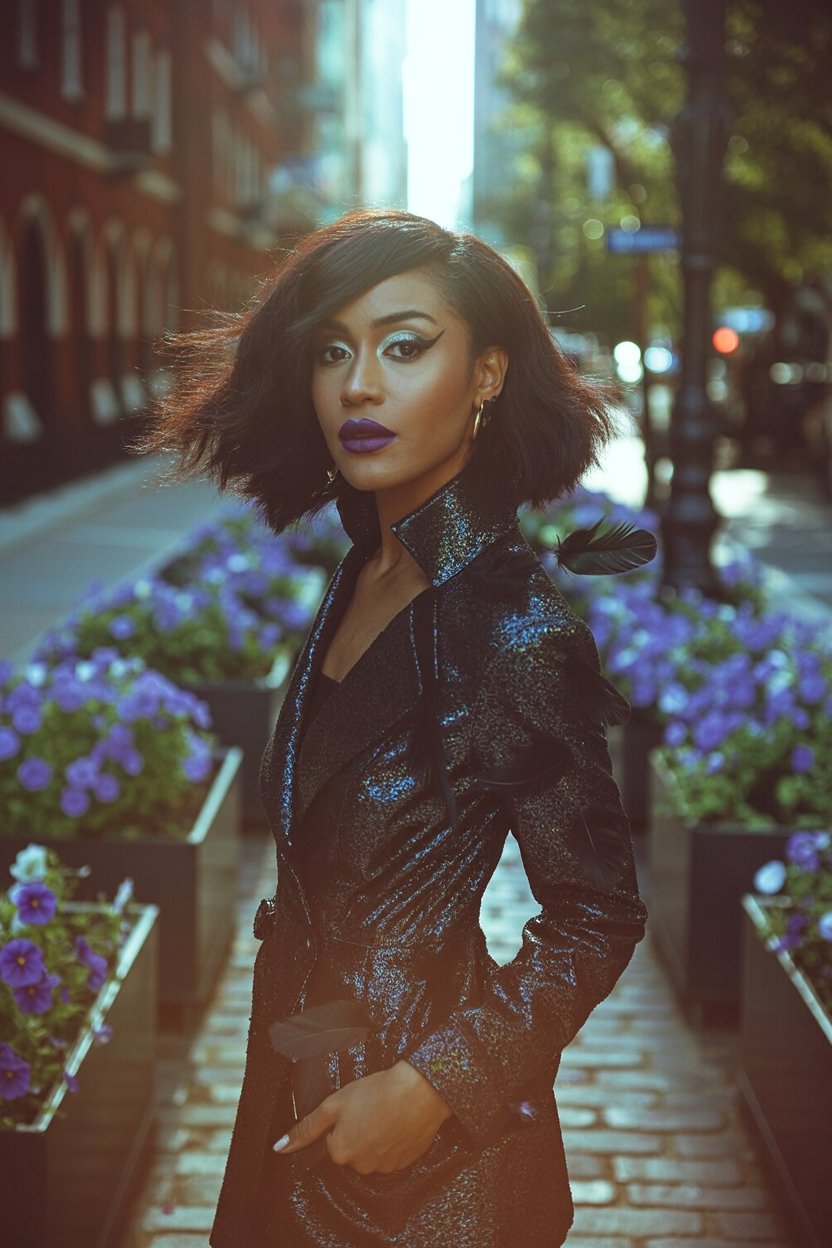 Woman in sparkly black blazer with sharp cat-eye liner and dark purple lipstick walking city streets beside purple flowers, embodying Hekate's powerful confident energy for the dramatic purple lip look.