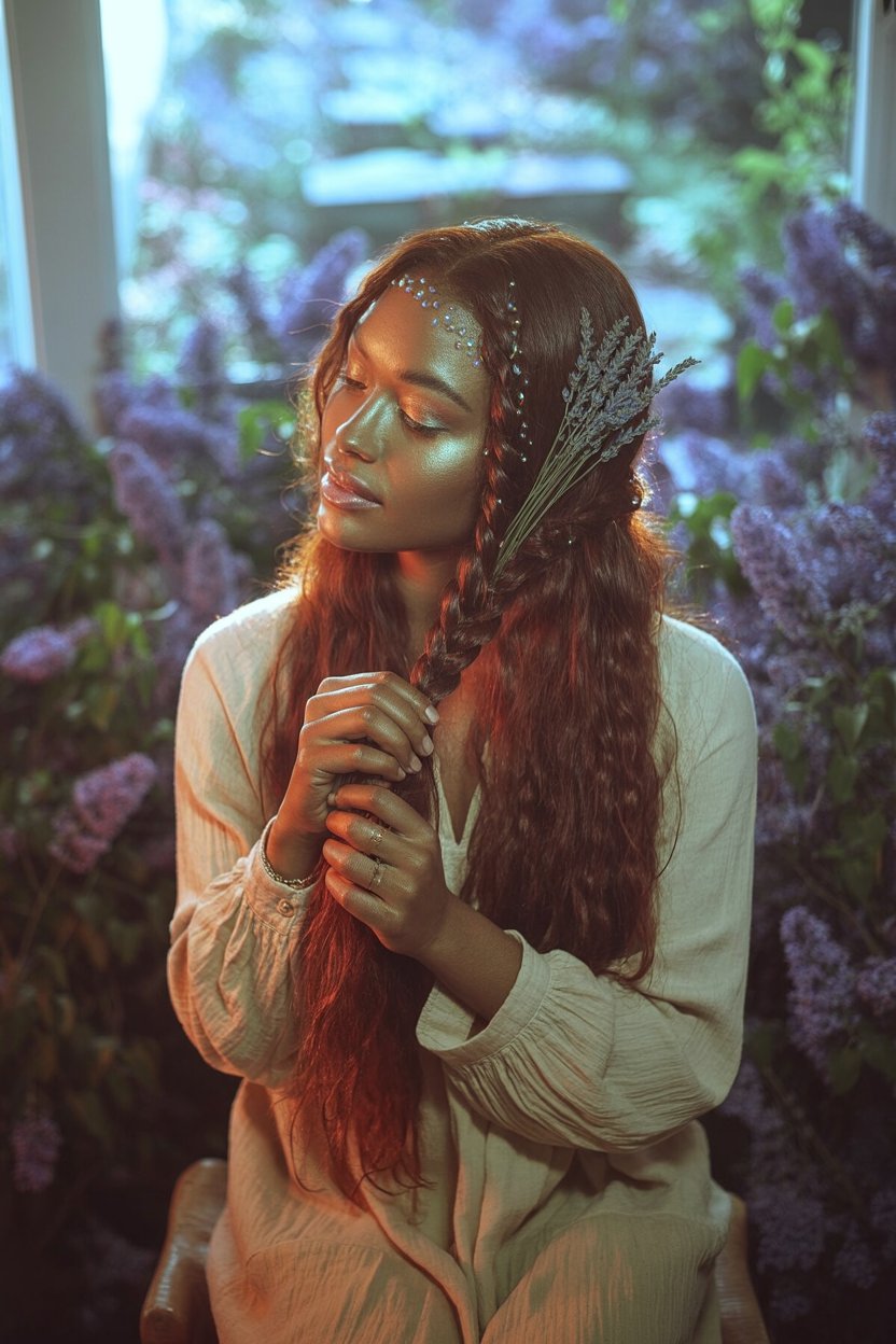 Woman in cream blouse with light lavender shadow and pearl-beaded hair surrounded by purple lilac blooms, embodying Hekate's gentle herbal magic and peaceful morning ritual for the pearl-accented lavender look.