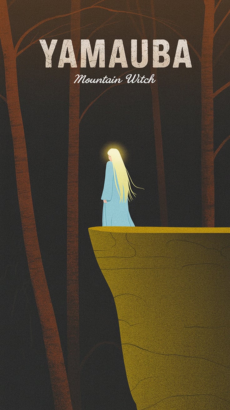 An elderly woman with flowing white-gold hair stands at a cliff edge, barely visible through the fog. The image has a deep blood-red tint that creates an otherworldly atmosphere. The name "YAMAUBA" appears in the upper part in a weathered, stone-like font. Below in smaller text: "Mountain Witch." The lighting creates a glowing halo around the woman's hair while shadows make the forest look mysterious.