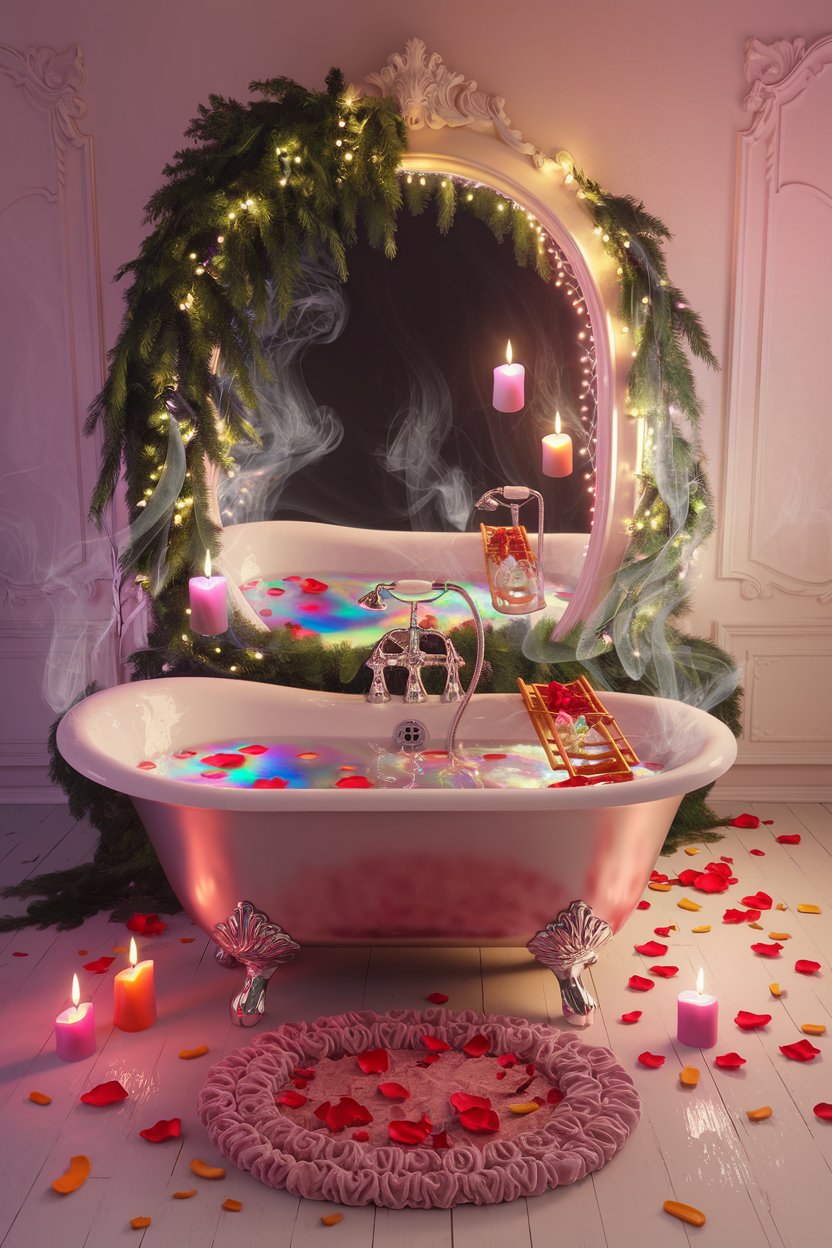 enchanted self care haven A luxurious clawfoot tub with iridescent, petal-strewn water sits before a grand mirror adorned with cascading greenery and string lights. Soft pink candles illuminate the space, casting an enchanting glow. Delicate spirals of steam and the scent of fresh blossoms create a haven of relaxation and magic.