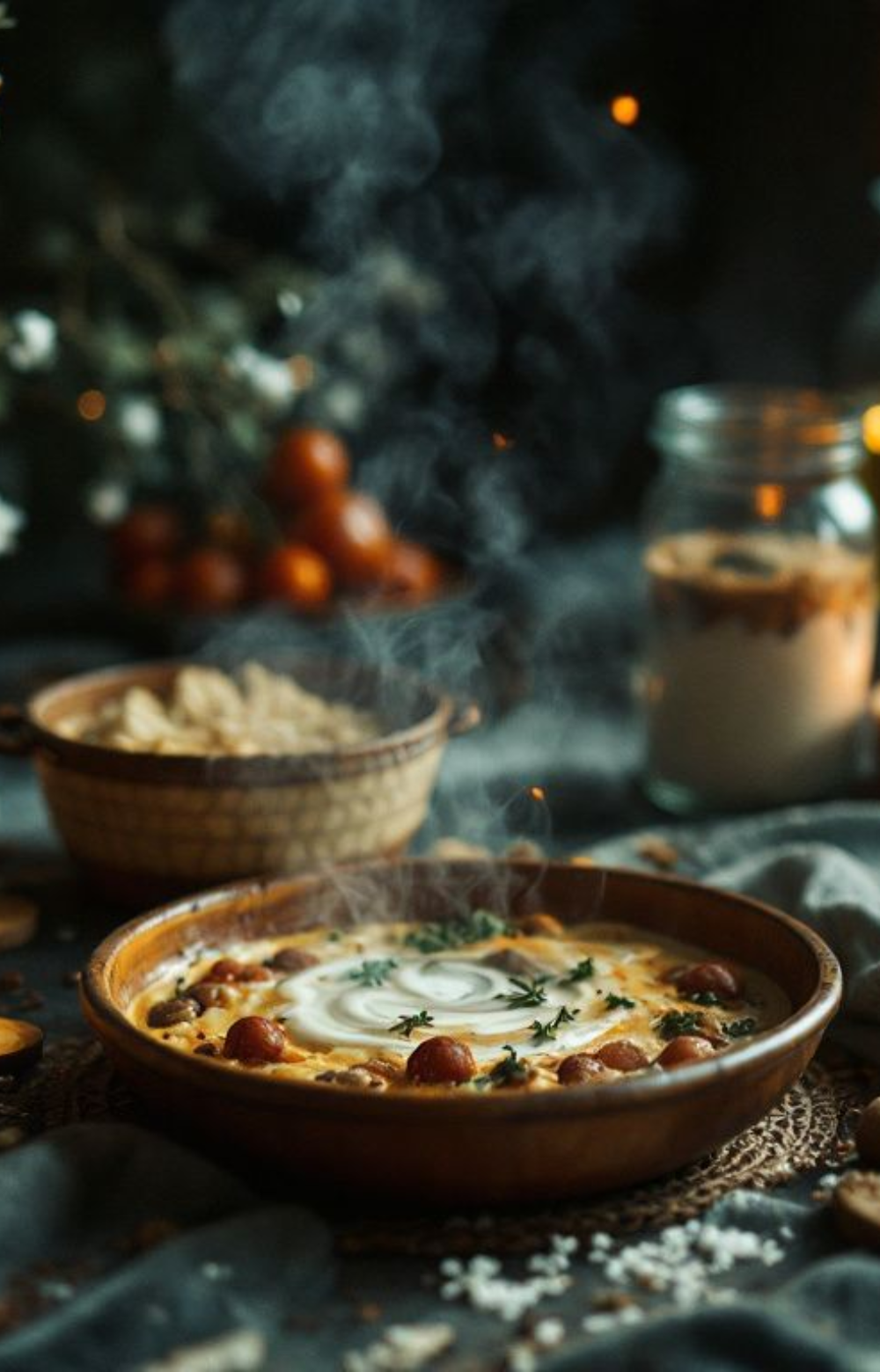 A steaming bowl of creamy soup garnished with fresh thyme and swirls of cream, surrounded by warm, earthy tones. The soft glow of candles and blurred hints of greenery and golden light in the background create an intimate and magical dining atmosphere.
