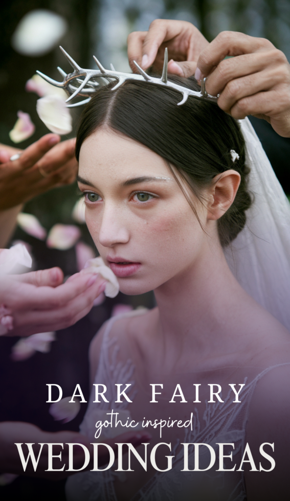 A bride with an ethereal presence wears a delicate crown of silver thorns as soft rose petals fall around her. Her expression is serene yet powerful, embodying the beauty and strength of dark fairy romance. The blurred hands of guests reach in, adjusting the crown and brushing her cheeks, symbolizing the sacred blessing of love’s trials and triumphs.