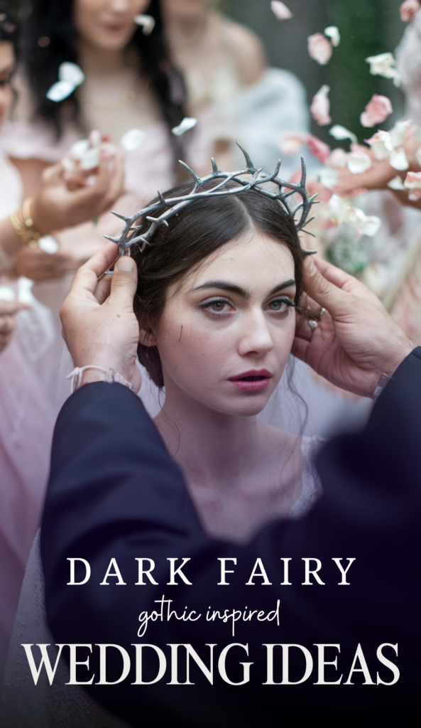 Another breathtaking moment of the Thorned Crown Blessing, where a bride with luminous, fairy-like features is crowned by her partner. Guests surround them, scattering petals, their blurred movements creating a sense of timeless magic. The bride’s gaze is both vulnerable and powerful, embodying devotion, destiny, and transformation.