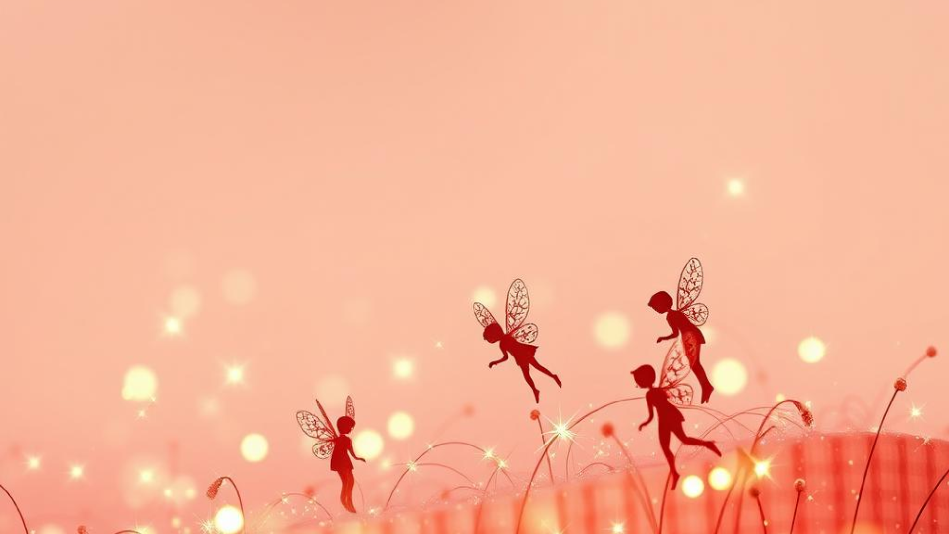 A whimsical digital illustration of small silhouetted fairies with delicate, intricate wings dancing and fluttering above a glowing field of grass and flowers. The background is a warm, peachy-pink hue with soft glowing lights scattered throughout, creating a dreamy and magical atmosphere. The fairies appear playful and lively as they interact with the sparkling surroundings.