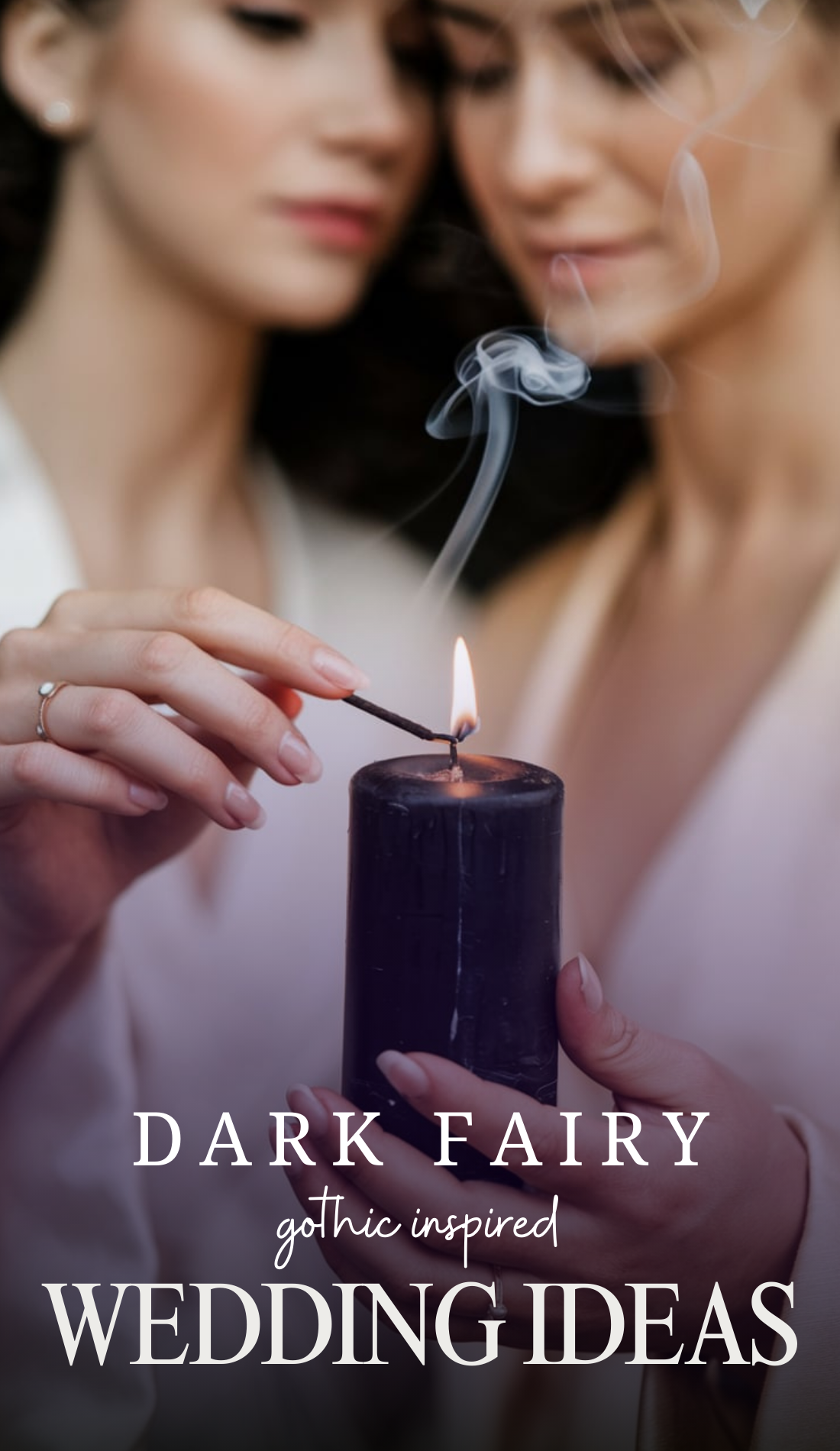 Two brides with soft, enchanted expressions hold a deep black candle together, lighting it with a single match. The candle’s flickering flame casts curling smoke between their delicate hands. The background is blurred, focusing only on their moment of unity, where love and alchemical transformation become one.