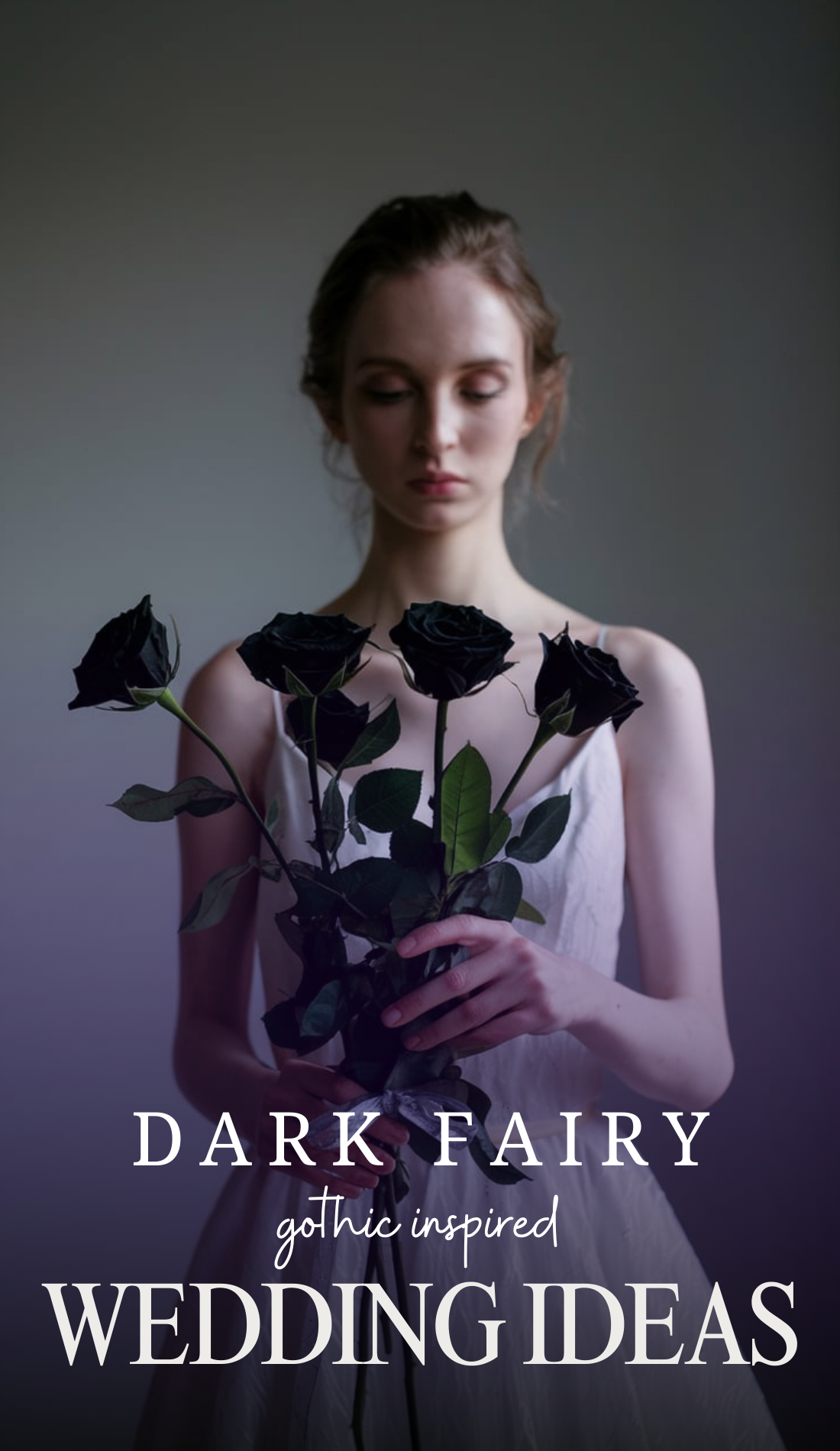 A bride with haunting, fae-like beauty holds a bouquet of three black roses in a minimalist setting. Her expression is wistful, almost melancholic, as she looks downward, contemplating the meaning of love’s endings and beginnings. The dark petals contrast against her pale fingers, a perfect symbol of shadowed devotion and timeless romance.