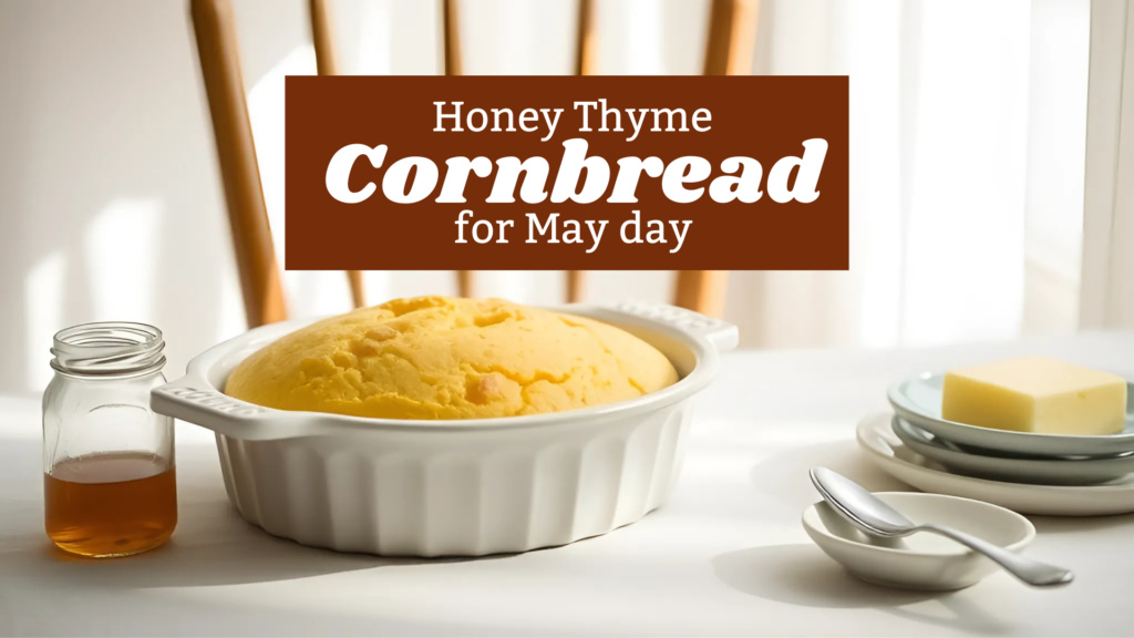 Golden cornbread in a white ceramic dish topped with delicate thyme blossoms, set against soft lighting and a rustic background.