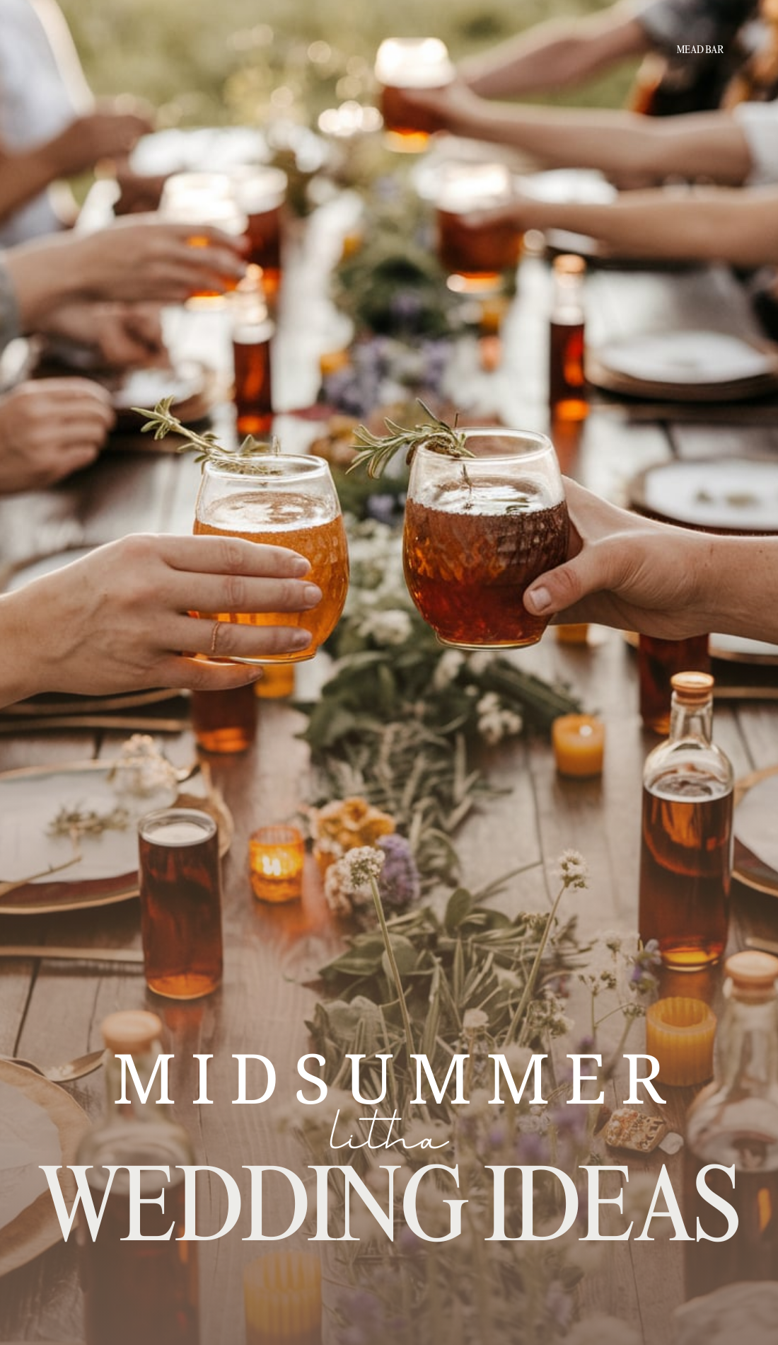 Guests raise glasses of amber-hued mead, garnished with fresh herbs, in a joyful toast at a rustic wooden table. The scene is surrounded by glowing candles, wildflowers, and bottles of homemade mead.