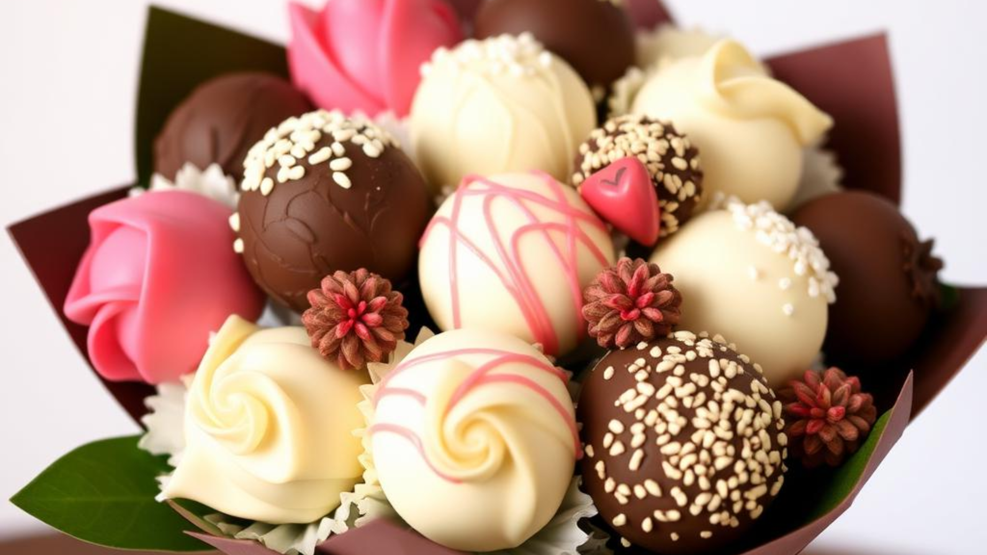 A luxurious chocolate bouquet arranged with an assortment of gourmet truffles in milk, dark, and white chocolate varieties. The truffles are decorated with delicate pink and white drizzles, crushed nuts, and sesame seeds. Among the chocolates, there are elegant white and pink chocolate roses, small pinecone-like decorations, and a tiny pink heart-shaped chocolate for a romantic touch. The bouquet is wrapped in deep brown paper with fresh green leaves peeking through, creating a stunning, gift-worthy presentation. The soft lighting highlights the intricate details, making this a visually rich and indulgent display.