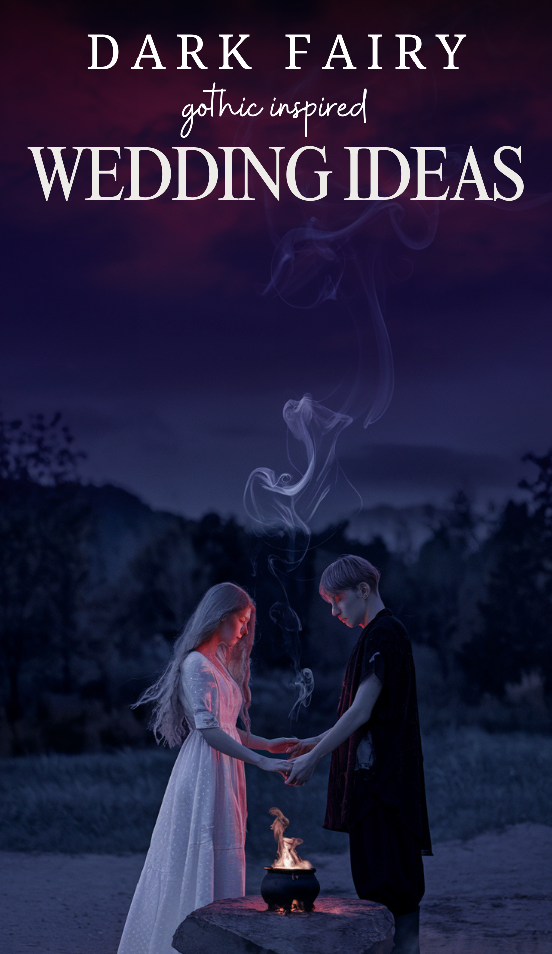 A mystical couple stands in the fading twilight, their hands intertwined over a small, glowing cauldron. The bride, in a flowing white gown, is bathed in soft moonlight, her long silver hair cascading down her back. Her partner, clad in black, watches her with devotion as smoke curls into the darkening sky, carrying their whispered vows into the ether.
