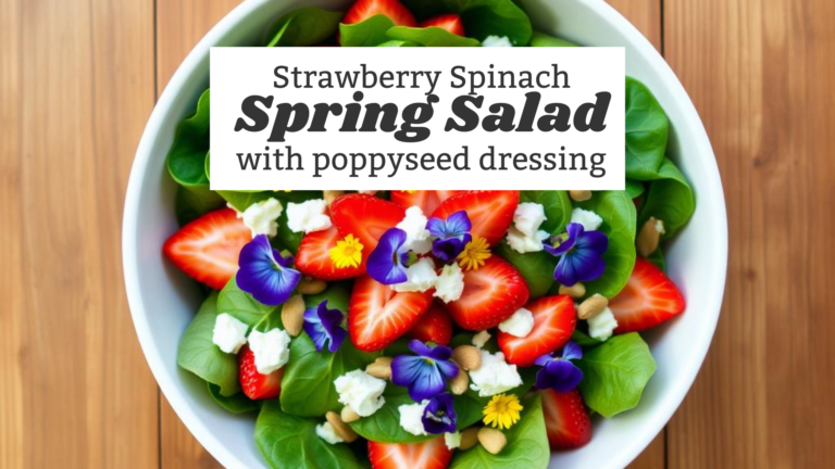 Vibrant edible flower salad: A stunning salad featuring spinach leaves, strawberries, feta cheese, and almonds, adorned with colorful edible flowers for a springtime flair.
