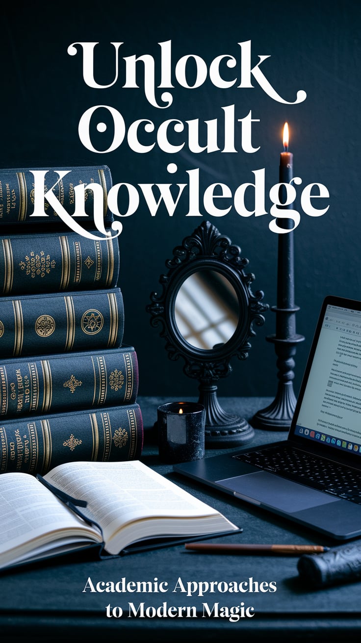 A dark academia inspired desk scene with stacked ancient-looking books, an open journal, and a laptop displaying scholarly witchcraft content. An obsidian mirror and black candle create mysterious shadows. Bold white text on dark background states "UNLOCK OCCULT KNOWLEDGE" in an elegant serif font, with "Academic approaches to modern magic" in smaller script below.