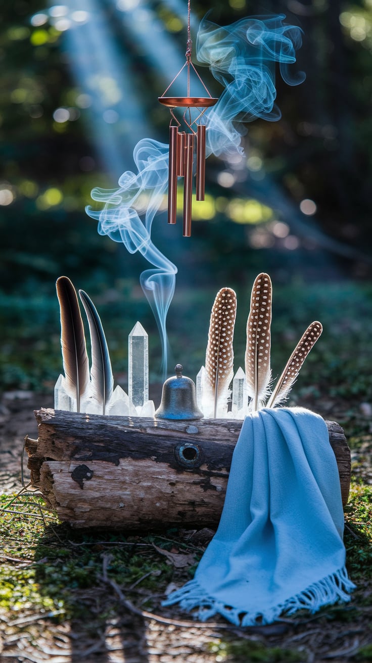An outdoor setting with a wooden log serving as the focal point. Atop the log, there are several objects including a bell, clear crystal points, and blue feathers. Above the log, a branch holds three hanging copper tubes emitting smoke. The background is filled with green foliage and fallen leaves, suggesting a forest or woodland area.