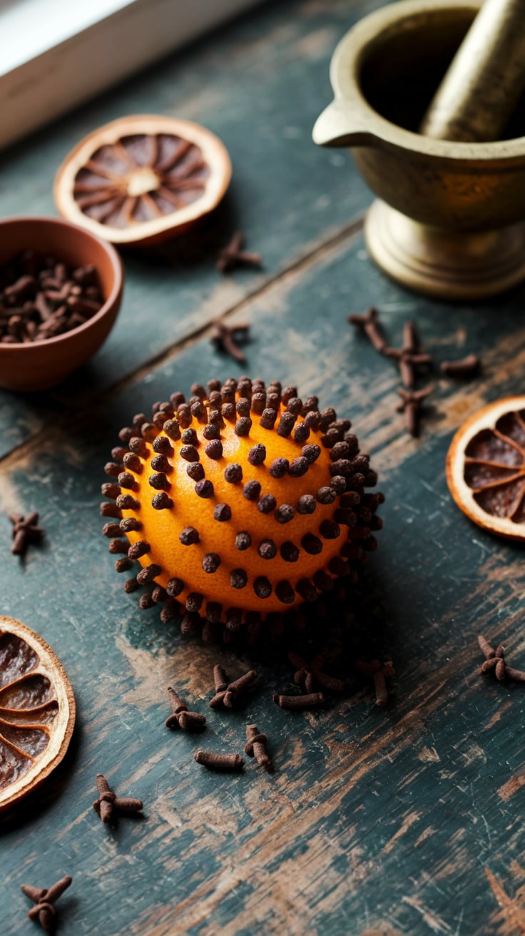 Clove orange pomander magical properties A rustic arrangement of cloves, oranges, and cinnamon for magical protection spells, featuring a half-completed clove-studded orange pomander on a wooden table.