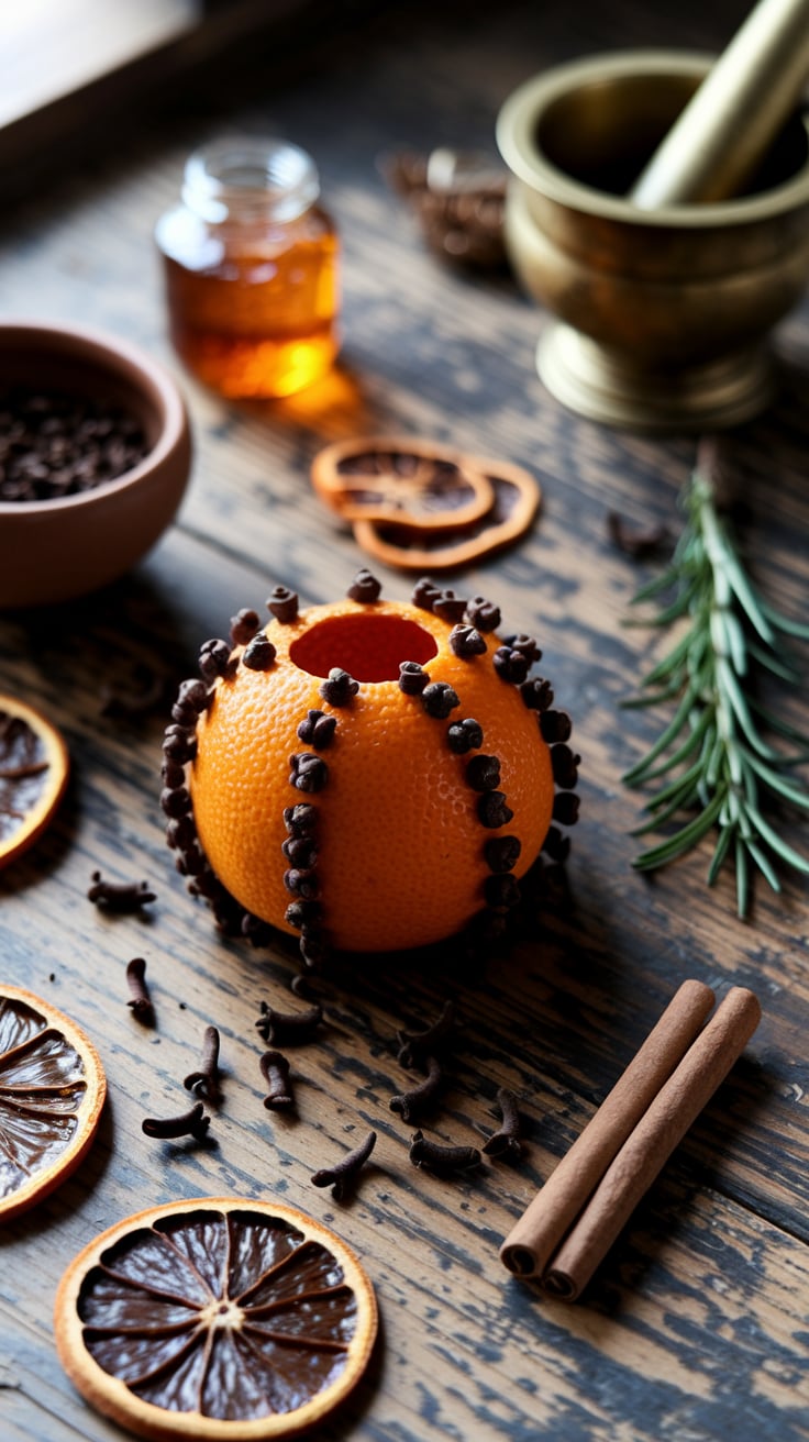 Kitchen witch clove spell ingredients Kitchen witch spell ingredients including whole cloves, dried orange slices, and cinnamon stick arranged on a weathered wooden surface for prosperity magic.