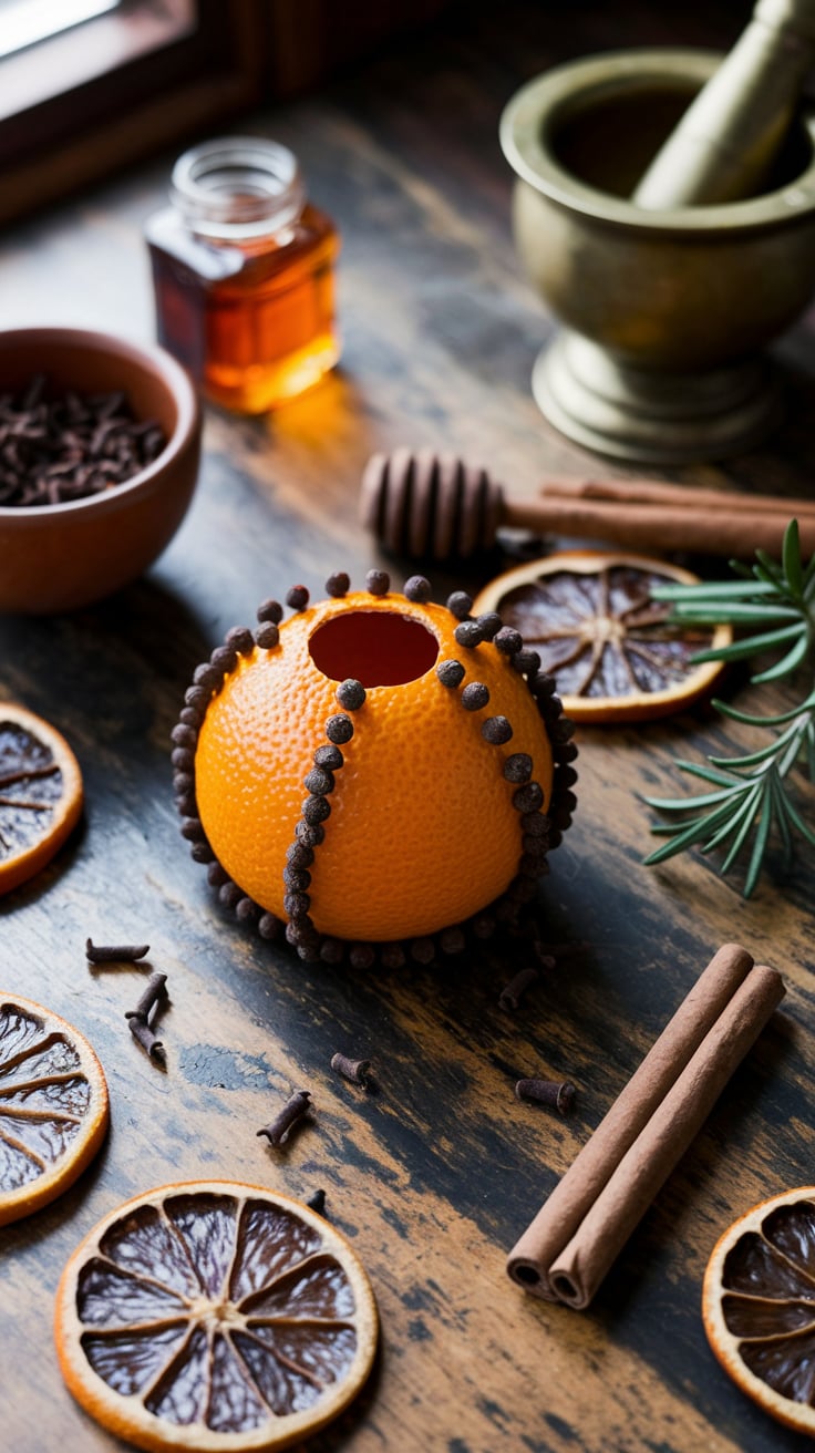 Orange and clove protection magic Traditional orange and clove magical arrangement for protection spells, featuring whole cloves, dried citrus, and complementary herbs in natural lighting.