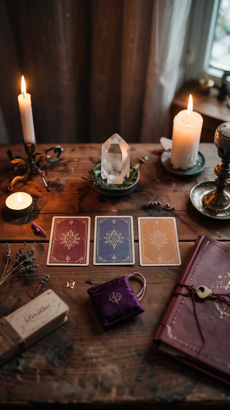 Tarot beginner guide gentle candlelight Beginner tarot setup featuring face-down cards, dried herbs, and a journal for recording interpretations in warm candlelight