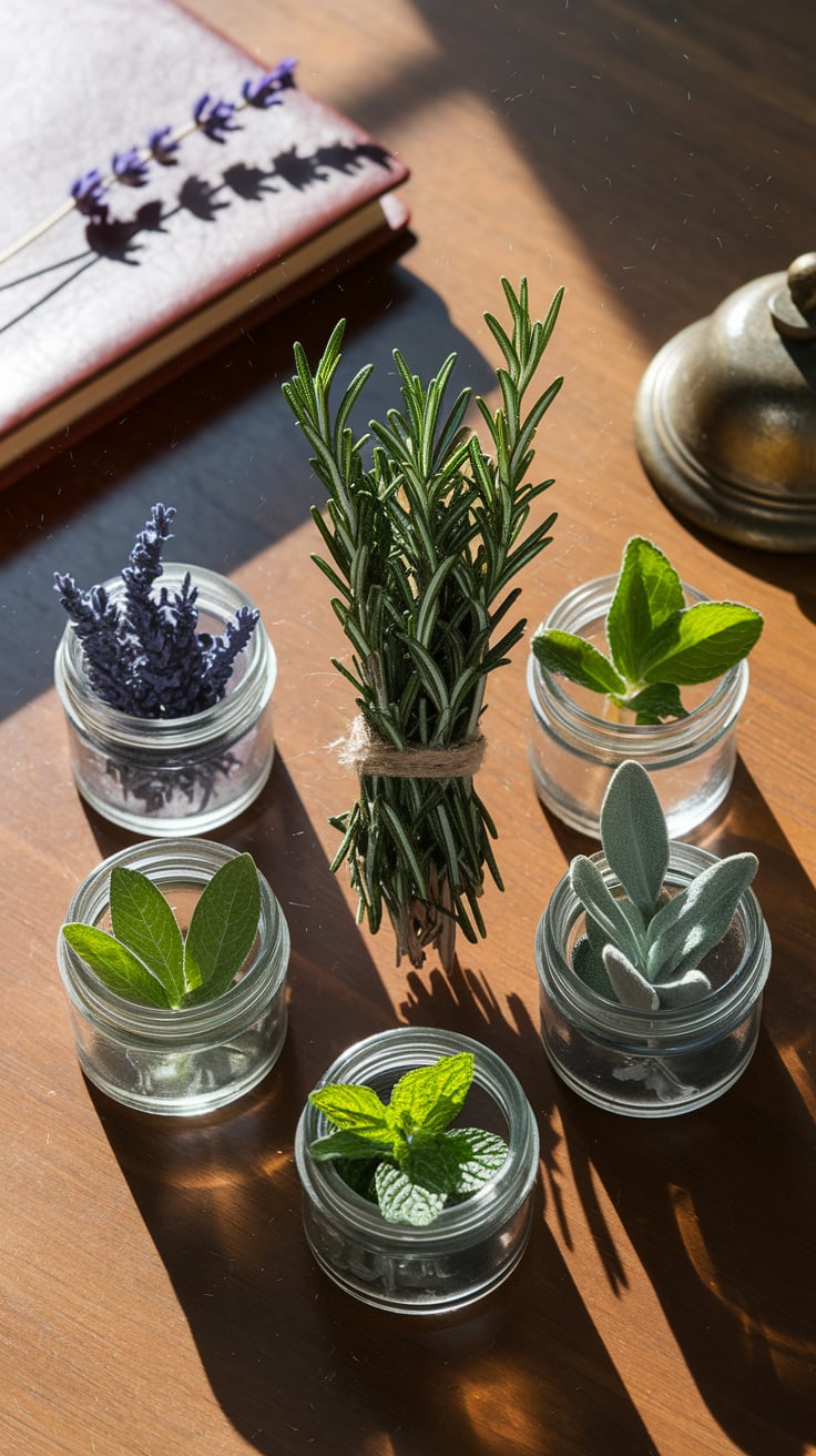 Witch's desk with five protective herbs for teachers - rosemary for memory, lavender for calm, lemon balm for positivity, sage for clearing negativity, and peppermint for energy