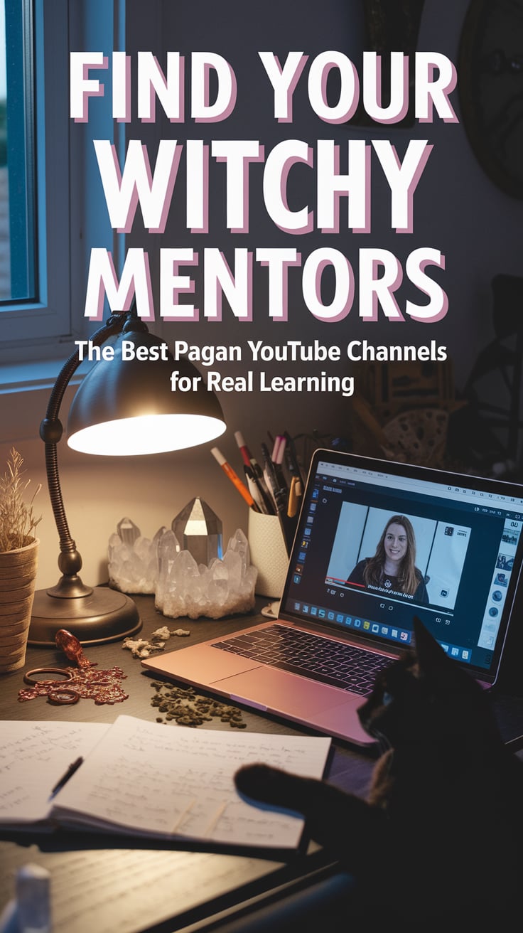 A cozy study nook bathed in warm lamplight, featuring an open laptop displaying a YouTube video. On the desk, crystals and copper jewelry catch the light while a black cat lounges nearby. Handwritten notes and dried herbs scatter artfully around the space. Bold pink text at top reads "FIND YOUR WITCHY MENTORS" in a whimsical font, with "The best pagan YouTube channels for real learning" in smaller text below.