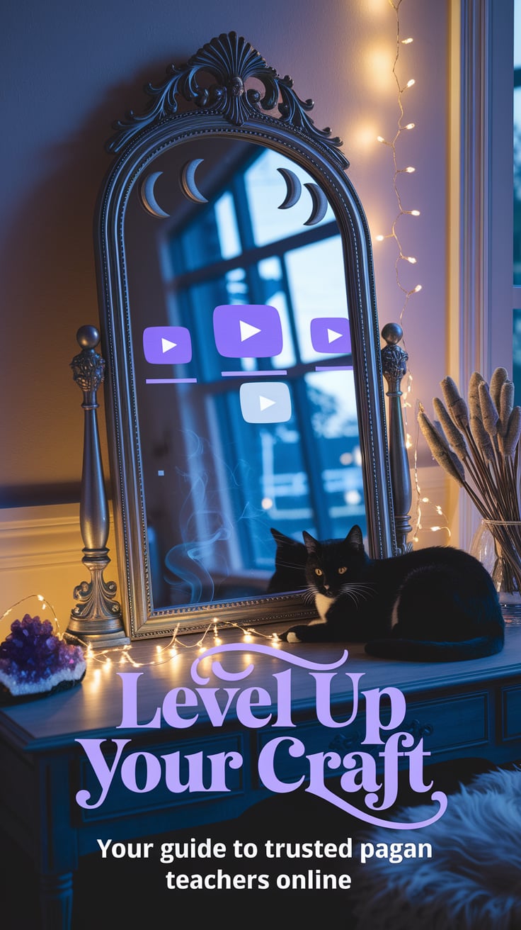 A serene witchy study space at dusk, with a large ornate mirror on a wooden desk. The mirror's surface shows ethereal reflections of YouTube thumbnails floating like magical windows. Amethyst clusters and silver moon phases decorate the edges of the mirror, while a black cat curls contentedly nearby. A string of warm fairy lights creates a soft glow, and wisps of sage smoke curl through the air. Bold lavender text states "LEVEL UP YOUR CRAFT" in a bubbly font, with "Your guide to trusted pagan teachers online" in elegant script below.