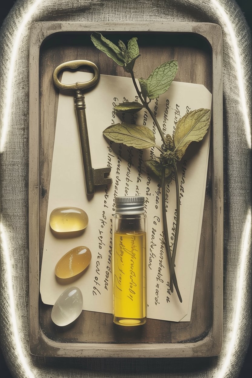 An antique key, handwritten letter, yellow oil vial, clear crystals, and dried herbs arranged in a wooden tray embody the Gemini woman's curated curiosity. The key symbolizes unlocking understanding, the letter represents communication, the yellow vial indexes Mercury's golden energy, crystals signify clarity, and herbs point to practical correspondences. This collection shows how she gathers tools for connection and understanding across multiple domains.