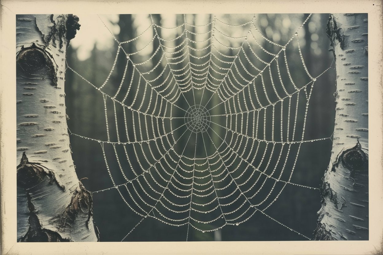 A dew-covered spider web strung between birch branches represents the Gemini woman's networked thinking and pattern recognition. The web's radial geometry mirrors how she connects disparate pieces of information into cohesive systems. Each dew drop acts as a node where meaning collects, symbolizing her ability to find linkages others miss. The multiple anchor points show her cognitive flexibility in adapting to various contexts.