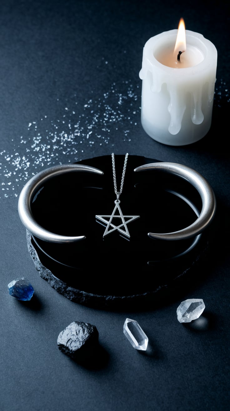 Minimalist altar featuring silver horns, pentagram, and crystals on black obsidian in twilight lighting