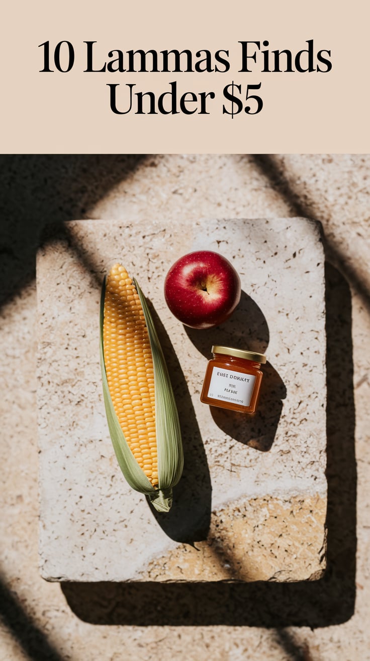 Three grocery store items (an ear of corn, a red apple, and a small honey jar) are arranged in a loose triangle on unpolished beige stone. Shadows are soft, like late afternoon light. Text is centered at the top in a classic serif font, gold wheat color, large and bold—just enough to make you stop scrolling.