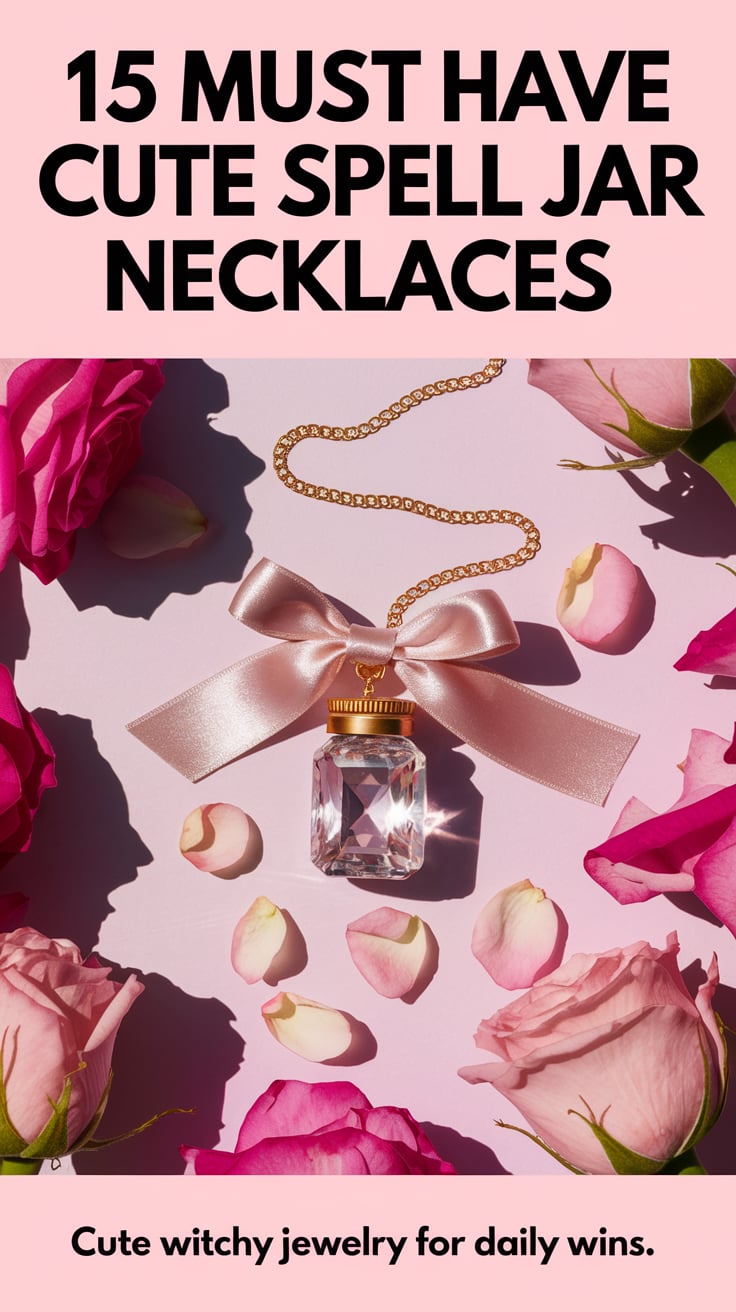 15 Must Have Cute Spell Jar Necklaces An elegant flat lay of a confidence-boosting necklace with a radiant gemstone and a silk ribbon, scattered with tiny rose petals. The scene is bright and feminine. The big text in black reads, “15 Must Have Cute Spell Jar Necklaces” atop the image. Lower caption: “Cute witchy jewelry for daily wins.”