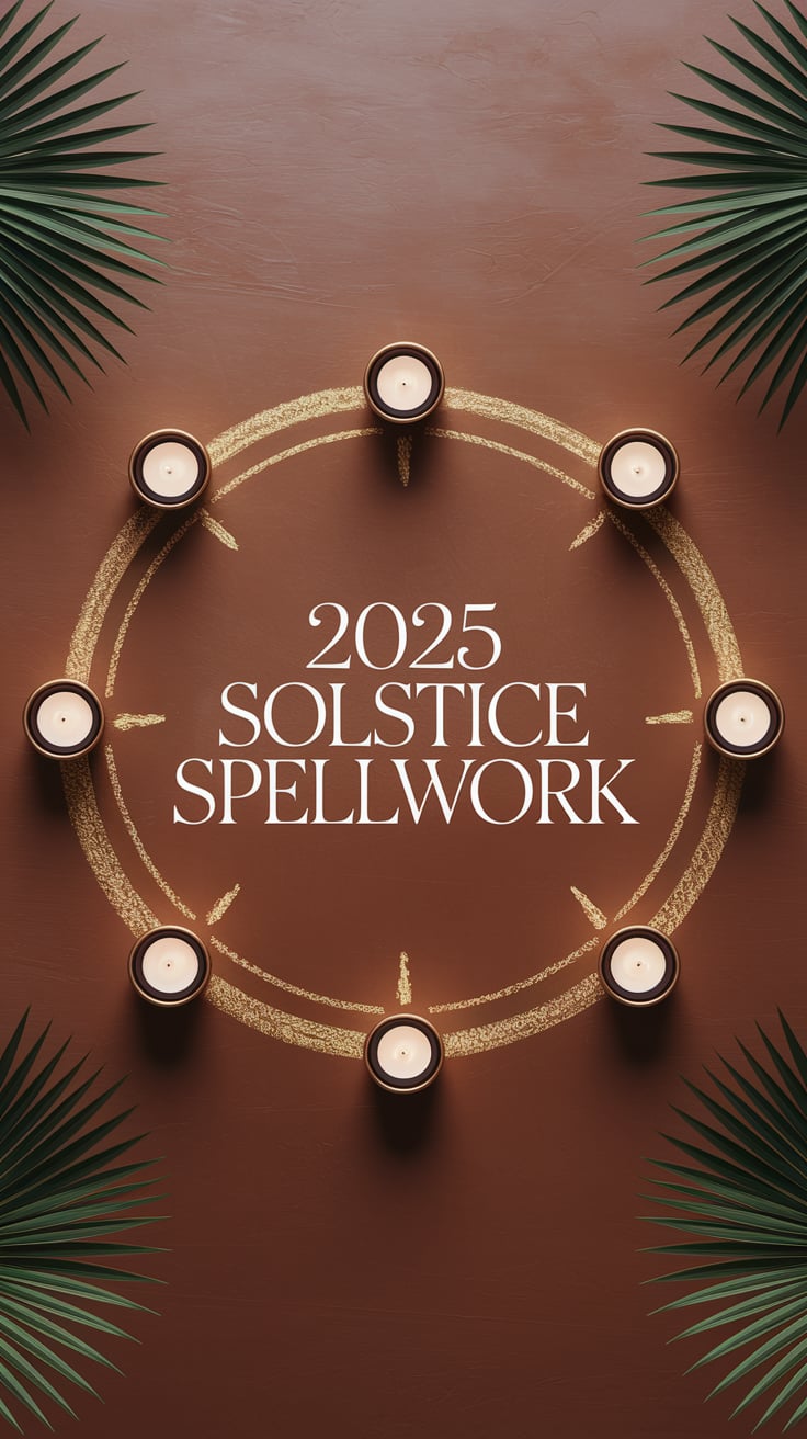 A protective circle drawn in gold chalk on a smooth terracotta floor, with four candles at the compass points. All viewed from directly above, flat lay style. The image is symmetrical, focused, and warm. “2025 Solstice Spellwork” sits massive and centered above the circle in thin, elegant capitals.