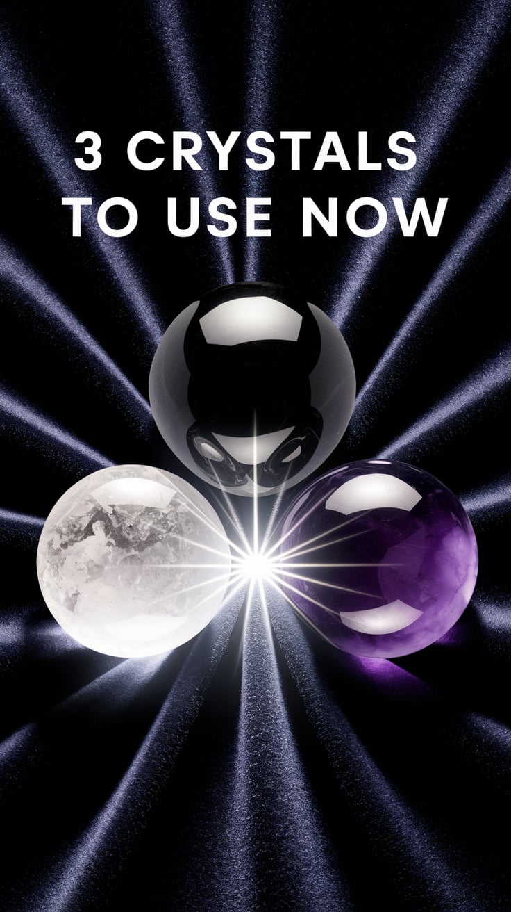 3 Crystals to Use Now Three altar stones—clear quartz, obsidian, and amethyst—are arranged in a perfect triangle at the center of a velvety black surface. Each one emits a soft inner glow in its signature tone: icy white, smoky grey, and deep violet. Light spills from the middle of the triangle, hinting at energy convergence. The text is centered, white, minimal, and bold.