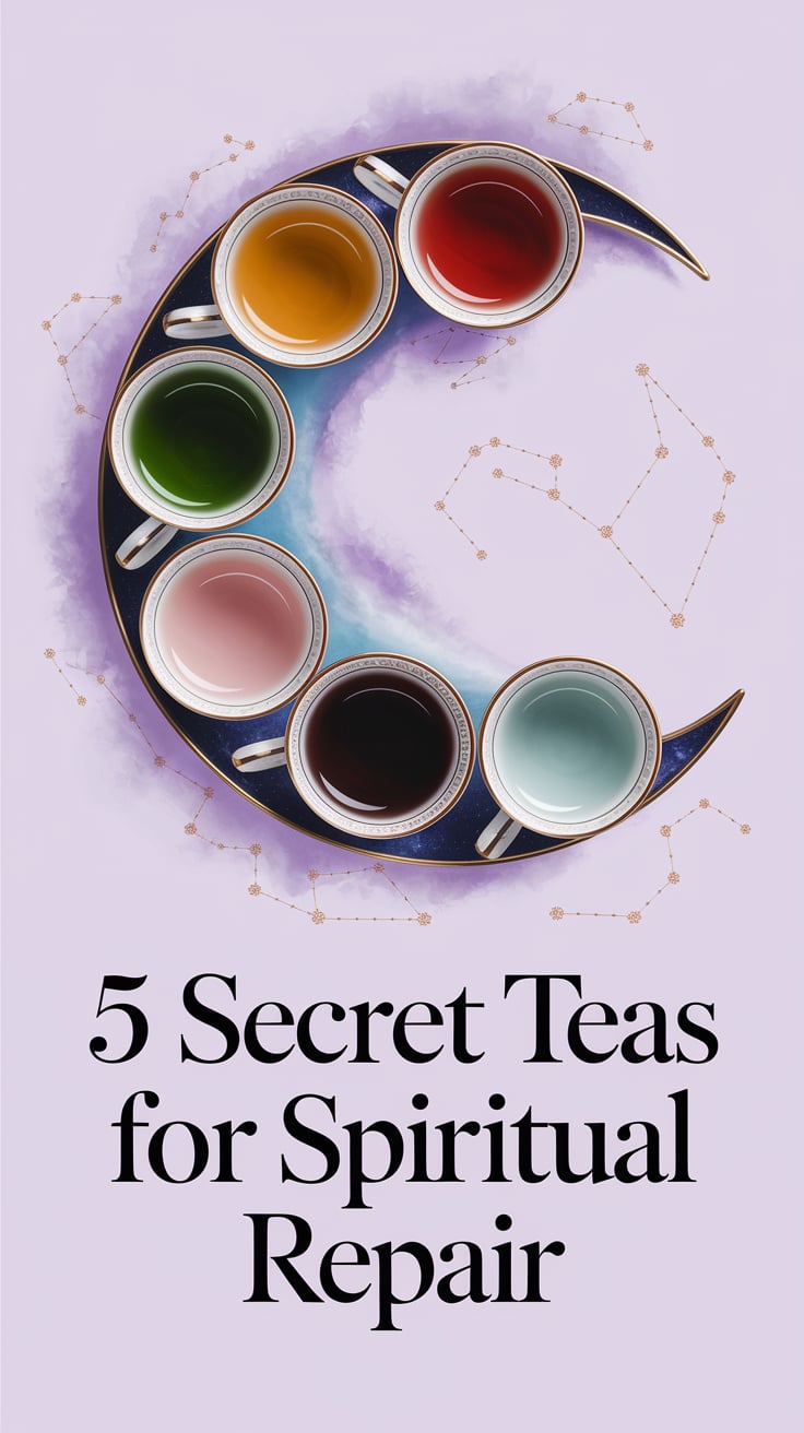 A tea set with five dainty cups—each filled with a different tea (golden, green, inky black, pale pink, milky blue)—arranged in a crescent shape. Ethereal mist connects them. Background is pale lavender with hand-drawn constellations barely visible. Text is sleek serif in rose gold, aligned along the bottom.