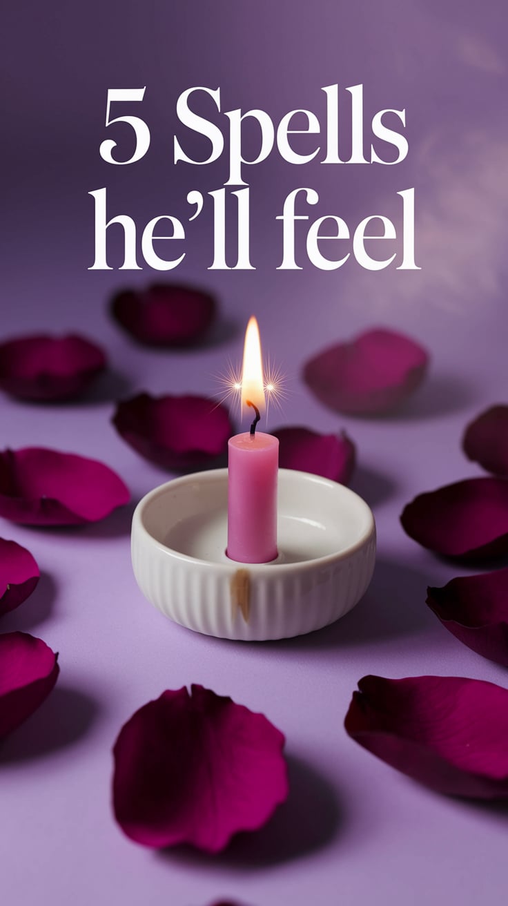 A delicate pink taper candle burns alone in a white porcelain holder, surrounded by rose petals arranged in a near-perfect circle. The flame has a golden sparkle like a glinting eye. The soft lilac background fades into a hazy glow. Feminine, magical, quietly intense.