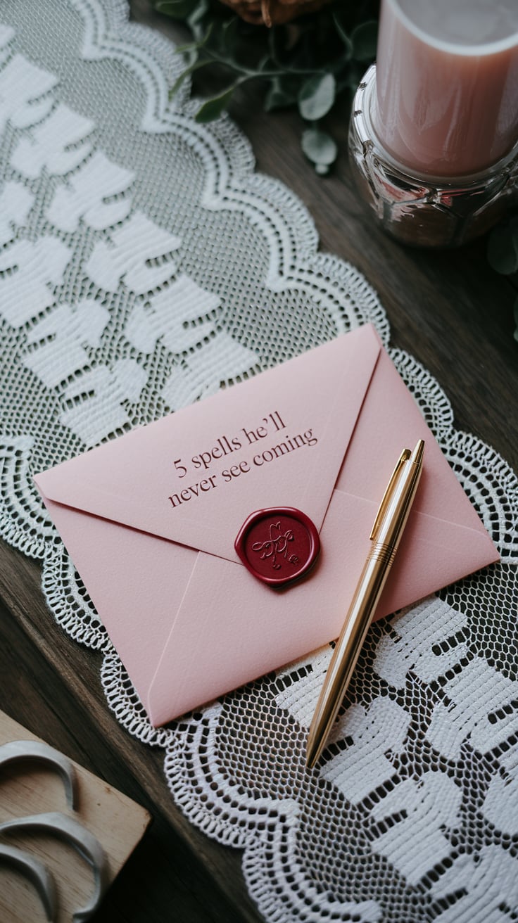A pale pink envelope sealed with a deep red wax stamp, sitting on a white lace table runner. A gold pen is placed diagonally across it. It looks like love, but it reads like power. The contrast sells the spell’s seductive stealth.