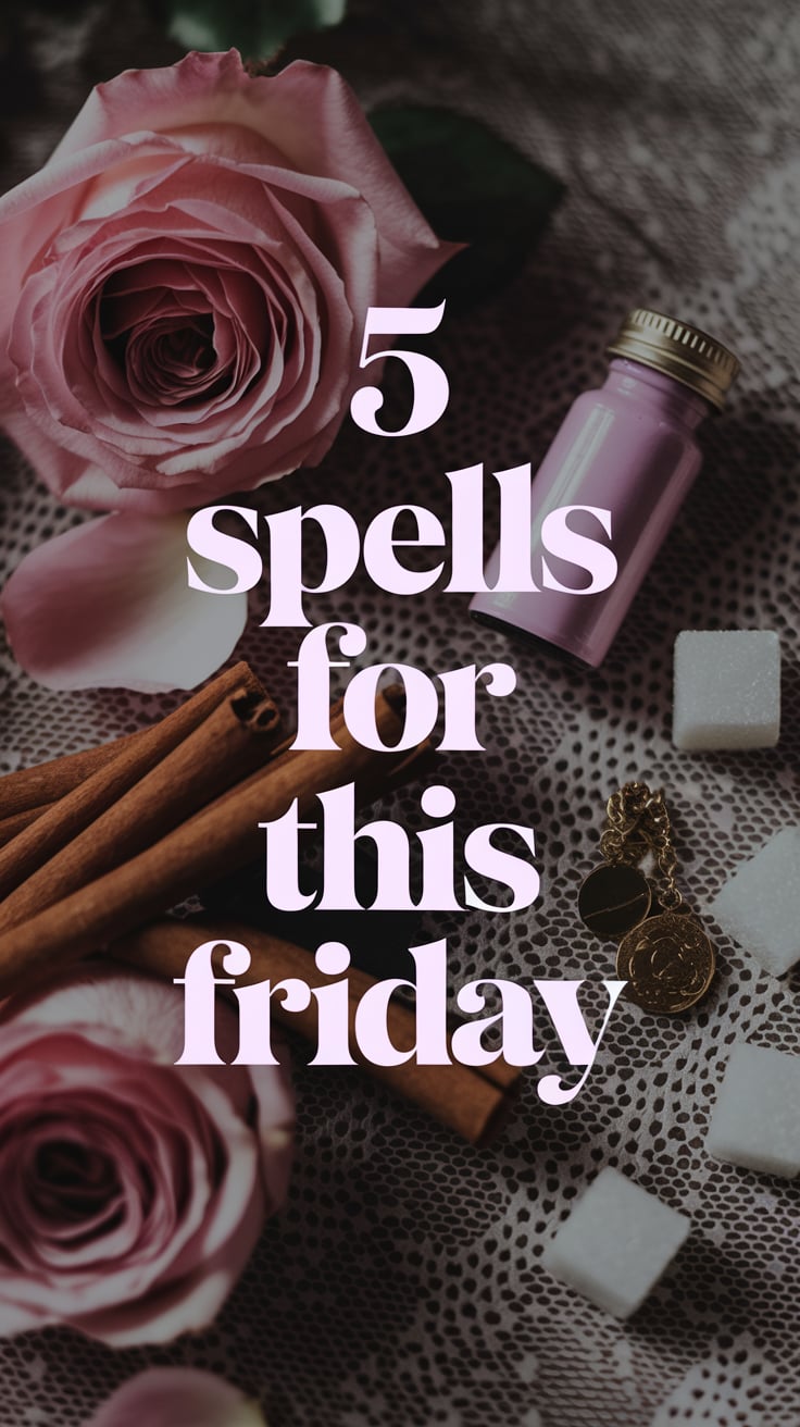A flat lay of five spell ingredients: rose petals, cinnamon sticks, a small pink vial, sugar cubes, and a gold charm. Everything rests on a lace cloth under soft natural light. The image feels inviting and doable—ritual in reach.