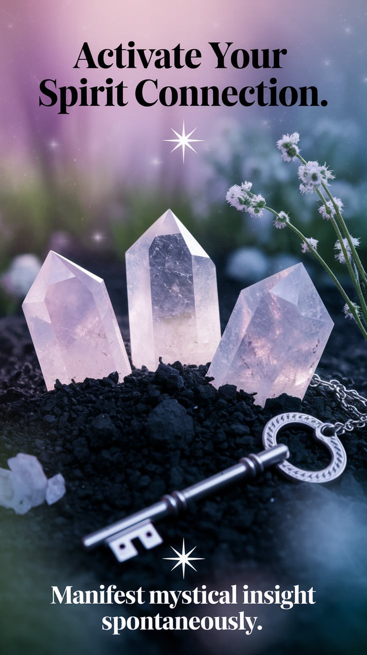Activate Your Spirit Connection A dreamy outdoor scene with moonstone shards buried in moonlit soil, a silver key on a chain, and a sprig of yarrow. Soft pastel hues and gentle light. The commanding text says “Activate Your Spirit Connection.” At the bottom: “Manifest mystical insight spontaneously.”