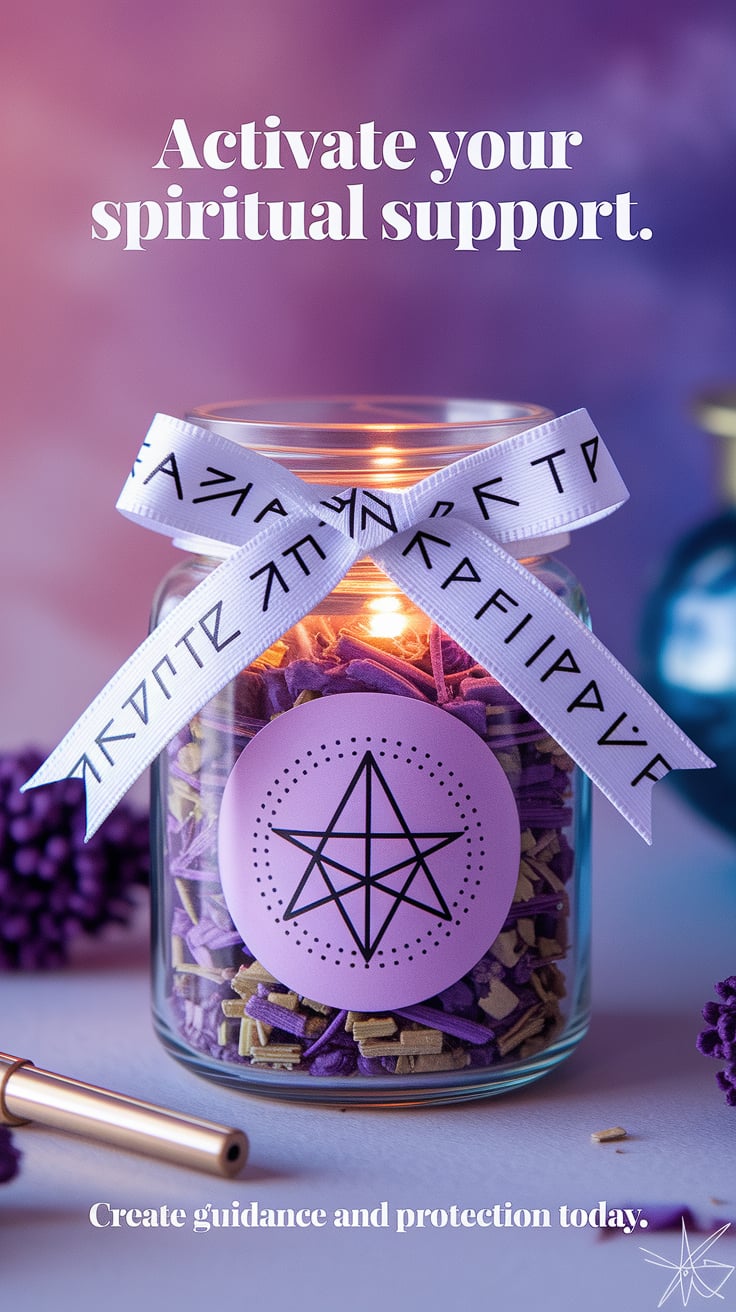 Activate Your Spiritual Support A soft pink-purple background, a guidance jar decorated with a star-anise sigil and a white ribbon inscribed with runes, tied in a precise knot. Inside, layered lunar herbs glow under a celestial-themed sticker. The bold, feminine font states “Activate Your Spiritual Support.” The call-to-action: “Create guidance and protection today.”